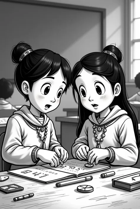 Black and white animated image of two students with Andean features from Peru in the classroom playing with base 10 material accompanied by mathematical materials