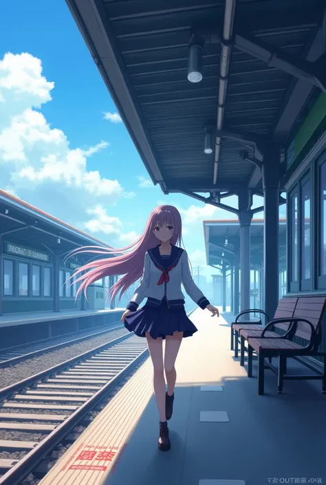 anime girl with long hair walking on a train platform, Kantai Collection Style, electric cannon, konpeki no kantai, kantai collection arcade, kancolle, Makoto Shinkai style, anime look of a beautiful girl, Art Style Makoto Shinkai, cute anime high school g...