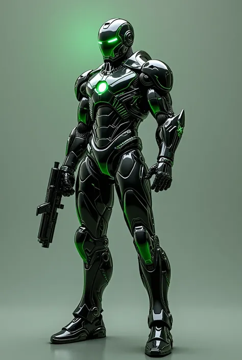 make an armor like iron man, but using the colors: black green, black, silver. make it like nanotech armor, and the weapons are created from the armor itself