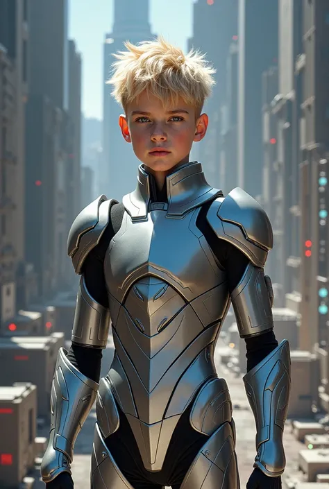 Future Space City,A slim, muscular, prince-like blonde teenage boy,An innocent face that still retains a hint of youth,Full body armor in metallic silver with a mirror-like polish