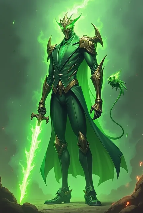 Draw me a tall thin warforged made partially of bronzewearing a green tuxedo with green flaming eyes and has elemental powers of smoke and fire, he wields a green flaming sword and has a small green fire spirit that takes the form of a green flaming owl at...