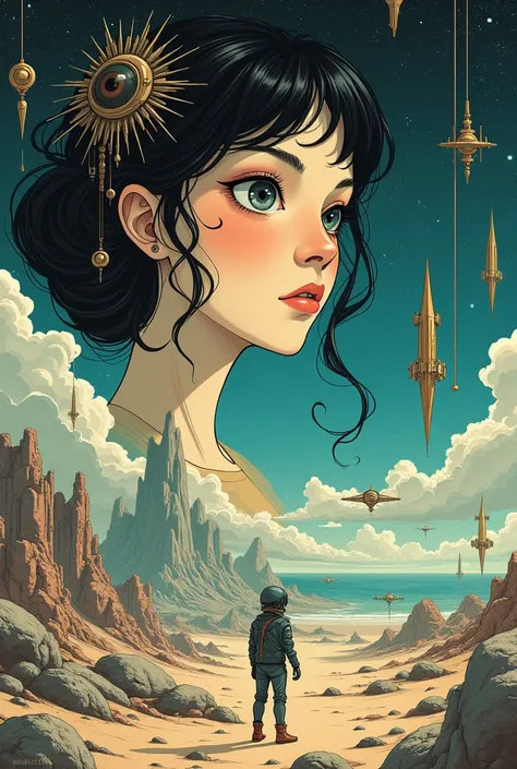 ((best quality)), ((masterpiece)), (detailed), perfect anime face, surreal, art nouveau, in the illustrative style of moebius, spaceships, aliens, fantasy, sci-fi, graphic novel, line drawing, french retro,
