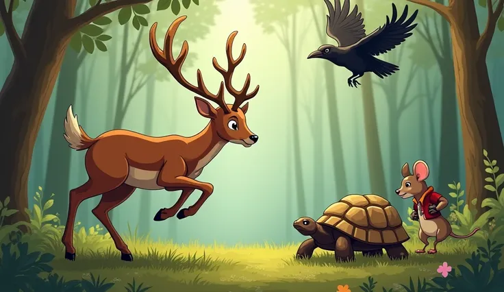 Prompt: "A clever deer jumping in front of a surprised hunter, while a mouse secretly chews through a sack to free a tortoise. A crow flies overhead, creating a scene of distraction and teamwork in the forest."