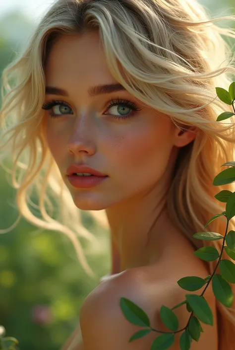 a beautiful young woman  blonde, intricate detailed face, stunning eyes, lush long eyelashes, delicate lips, flowing hair, elegant pose, in a lush garden, vibrant colors, soft lighting, photorealistic, 8k, masterpiece, digital art