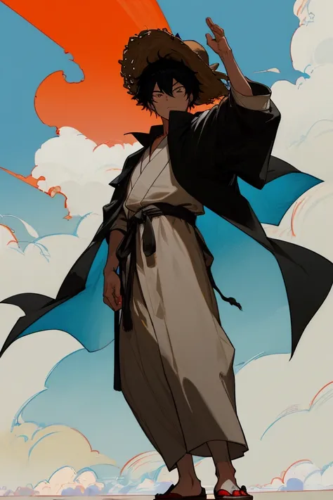 physical description: Hiroshi is a man of 1,81 m high, with black hair, smooth and slightly messy. He wears a black cape, that falls fluidly to your ankles and stands out with a subtle edge that adds a touch of mystery. The straw hat he wears is similar to...