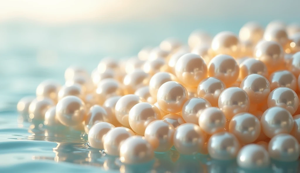 A luxurious heap of perfectly round, luminous white South Sea pearls, shimmering softly under delicate lighting. The pearls vary slightly in size, their smooth surfaces reflecting light in a way that highlights their natural radiance and rich luster. Ocean...