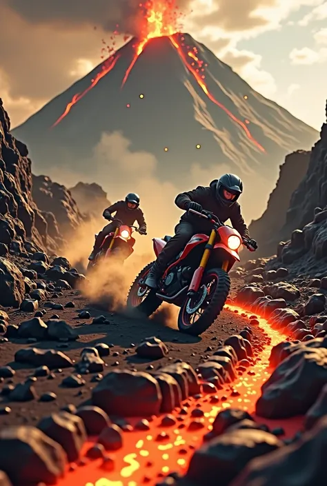 Motorbike riders on volcano riding