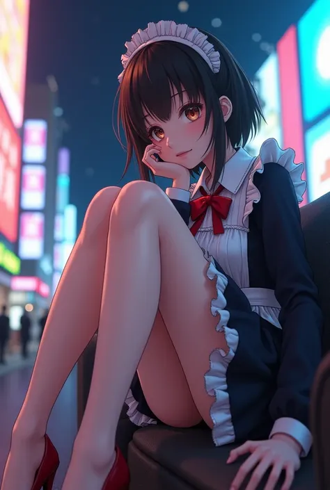 ((SFW)), (Closeup from Crotch to Face) ExtremelyDetailed (SchoolGirl Lean on sofa) Spread Knees Up, perfect face, Detailed(Delicate Clothing textures) Maid outfit  (((Without Panties))), PerfectHand with 4Fingers and one Thumb, Corrected Leg to Foot Line, ...