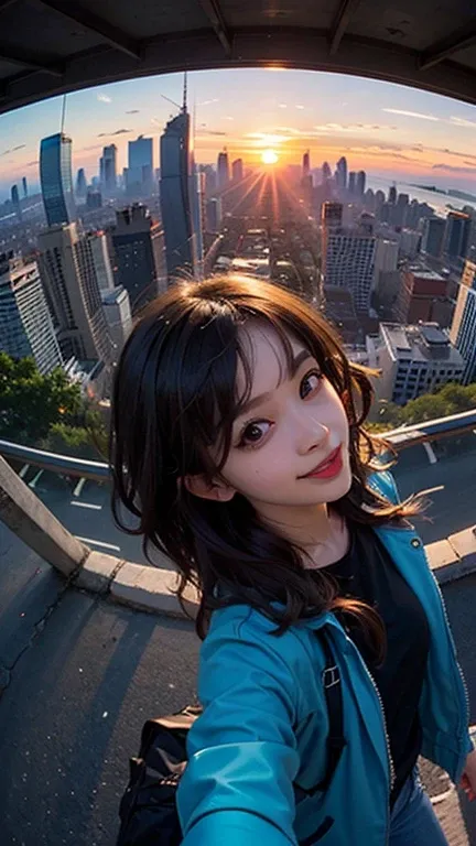 1 Punk girl, fish eye, self-shot, Wind, Messy hair, Sunset, Cityscape, (Aesthetics and atmosphere:1.2),Smiling