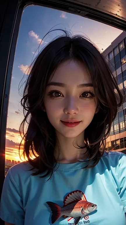 1 Punk girl, fish eye, self-shot, Wind, Messy hair, Sunset, Cityscape, (Aesthetics and atmosphere:1.2),Smiling