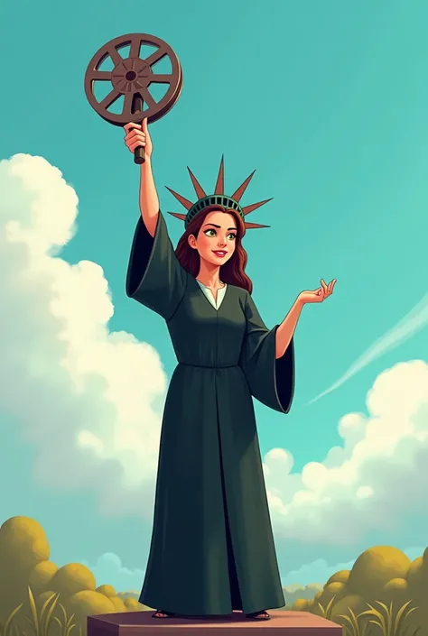 A woman holding up a movie similar to the Statue of Liberty, cartoon style, wearing a black legal gown, a beautiful background, minimalist style.
