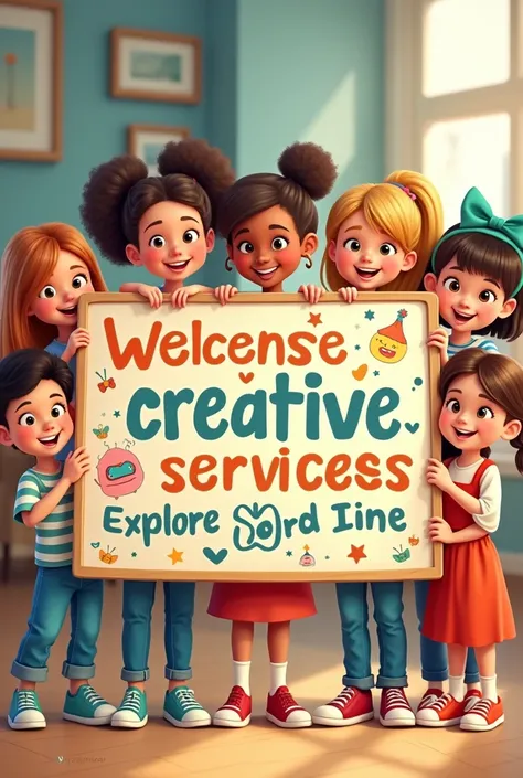 Create a cute and creative advertising image that shows several boys and girls holding a sign that says: ART AT HOME We bring creativity to your door!. Services: - School posters and decorations - Personalized masks and figures - Foam models and costumes -...