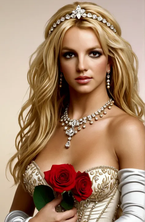 britney A graceful figure dressed in a flowing dress, gold ball gown adorned with intricate ruffles and floral detailing, holding a single red rose in his hand. far away, Elegantly styled wavy hair, complemented by a delicate tiara, embodying a royal and r...