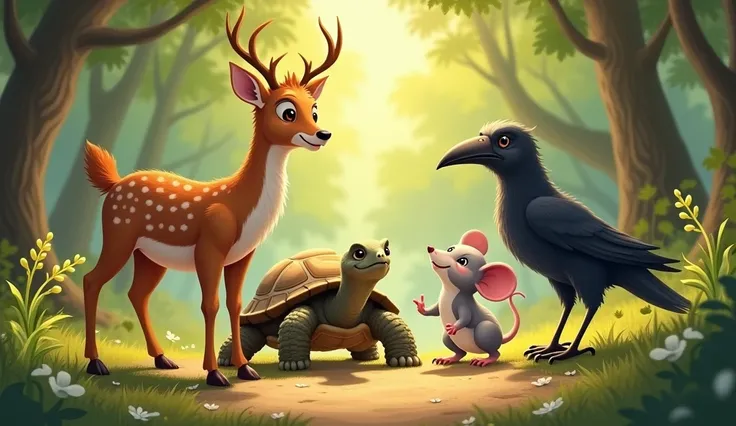 Prompt: "A joyful reunion of four animal friends—a deer, tortoise, crow, and mouse—in a beautiful forest, celebrating their victory and friendship with smiles and happiness all around."