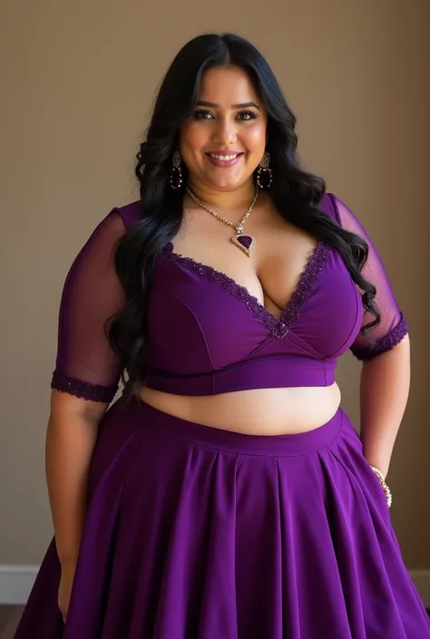 Purple blouse v neck( not too deep cut) crop blouse with elbow length net sleeve(tight fitting) for high waist lehenga for chubby girl