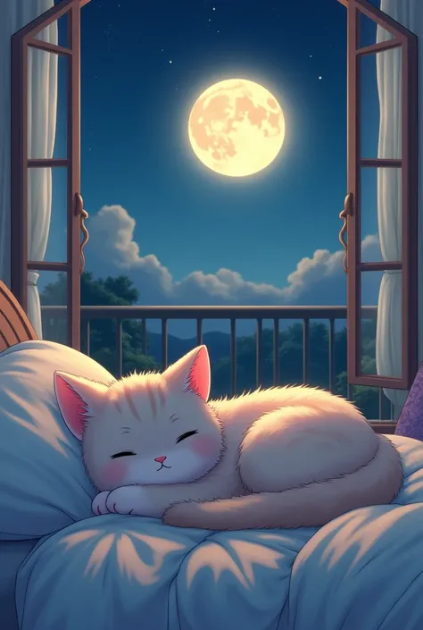 cute anime cat sleeping on a bed with an open balcony window behind and the ffull moon shining down