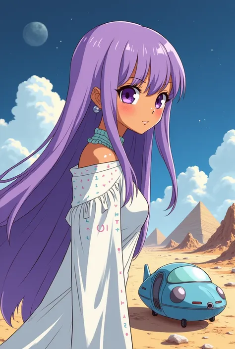 ((best quality)), ((masterpiece)), (detailed), perfect anime waifu girl face, her name is Lovelot, she has long straight purple hair, she wears a white tunic with a series of shapes printed on it that look like code, her skin is brown, her eyes are purple,...