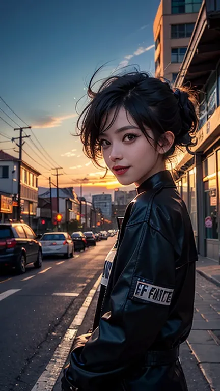 1 Punk girl, fish eye, self-shot, Wind, Messy hair, Sunset, street, (Aesthetics and atmosphere:1.2),Smiling