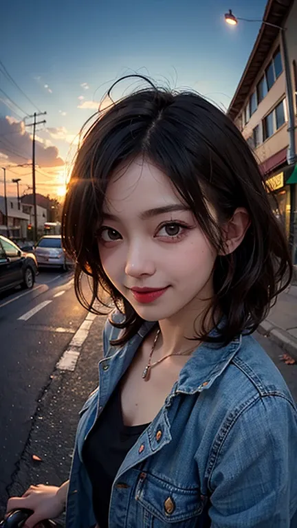 1 Punk girl, fish eye, self-shot, Wind, Messy hair, Sunset, street, (Aesthetics and atmosphere:1.2),Smiling