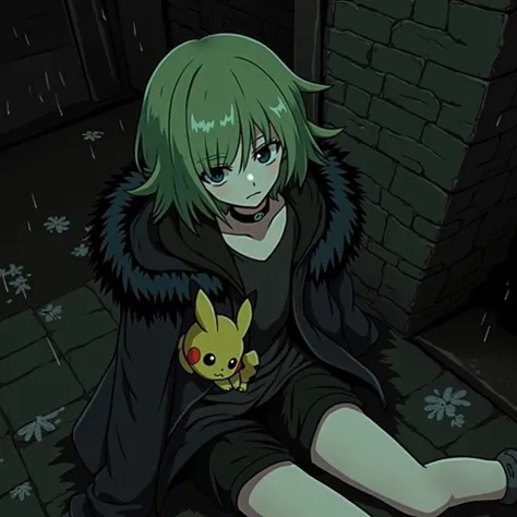 Anime boy, shota, emo, Black clothes, choker in neck, bangs covering the left part of the face, black hair, fur hoodie, sitting in a dark alley, with a pikachu on your lap, dark sky, raining,