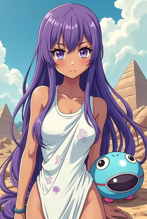 ((best quality)), ((masterpiece)), (detailed), perfect anime waifu girl face, her name is Lovelot, she has long straight purple hair, she wears a white tunic with a series of shapes printed on it that look like code, her skin is brown, her eyes are purple,...