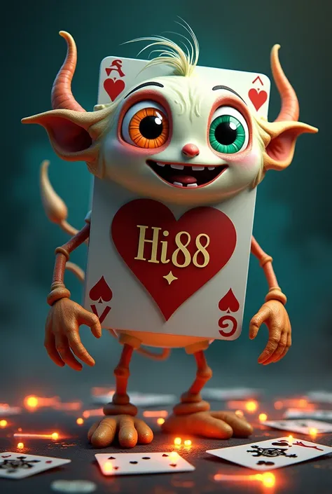 - Fictional creature that combines a deck of cards and a cartoon character.
- Body has the shape of a large card, with big color changing eyes and friendly smile.
- Hi88 logo on chest.
- Long arms, flexible, capable of posing or holding.
- Small wings behi...