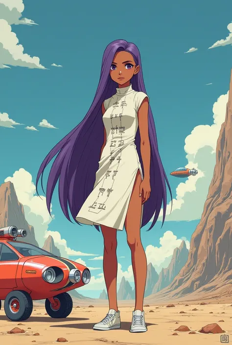 ((best quality)), ((masterpiece)), (detailed), perfect anime waifu girl face, her name is Lovelot, she has long straight purple hair, she wears a white tunic with a series of shapes printed on it that look like code, her skin is brown, her eyes are purple,...