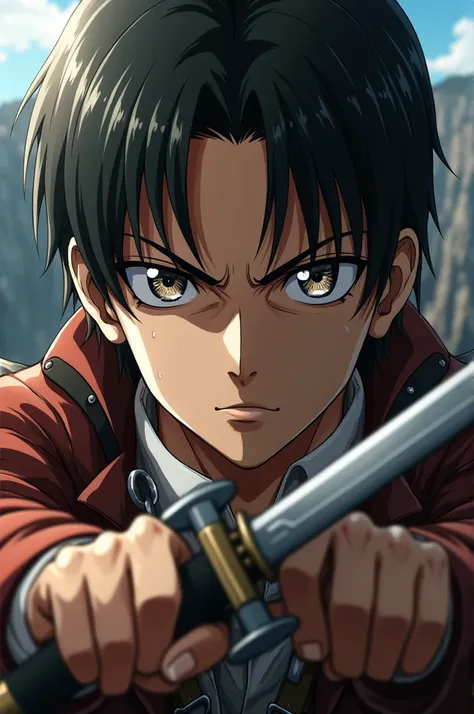 Levi Ackermans face up close from aot after taking down the collosal titan and he is wearing his scout uniform with his swords in his hands in front of wall maria