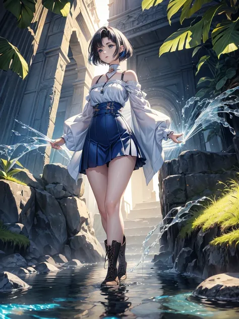 20 years old, with short dark blue hair to the shoulders, a serious yet tender expression, and bright light blue eyes. She dresses in an antique style, wearing a long dark blue skirt that reaches her knees, and small dark brown boots up to her ankles. Her ...