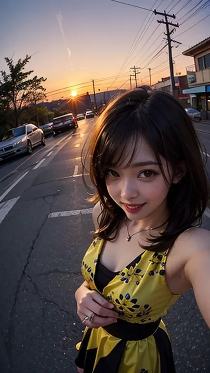 1 Punk girl, fish eye, self-shot, Wind, Messy hair, Sunset, street, (Aesthetics and atmosphere:1.2),Smiling, hand infront of hold camera