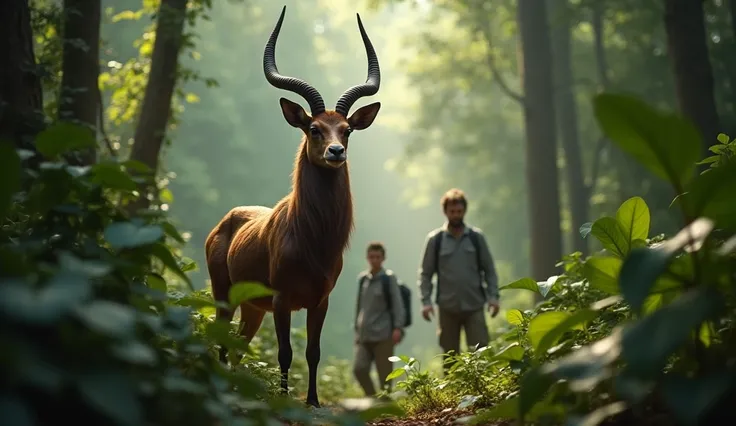 A realistic photograph showing a Saola in a rare, close-up encounter with researchers in the dense forest. The scene should capture the elusive nature of the Saola, with a sense of awe and rarity. ---ar 16:9