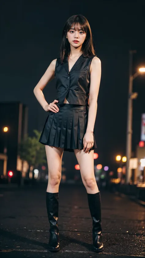 (8k、raw photos、highest quality、masterpiece:1.2)、(realistic、realistic)、1 person、((black、sleeveless vest、medium hair、mini skirt、th...