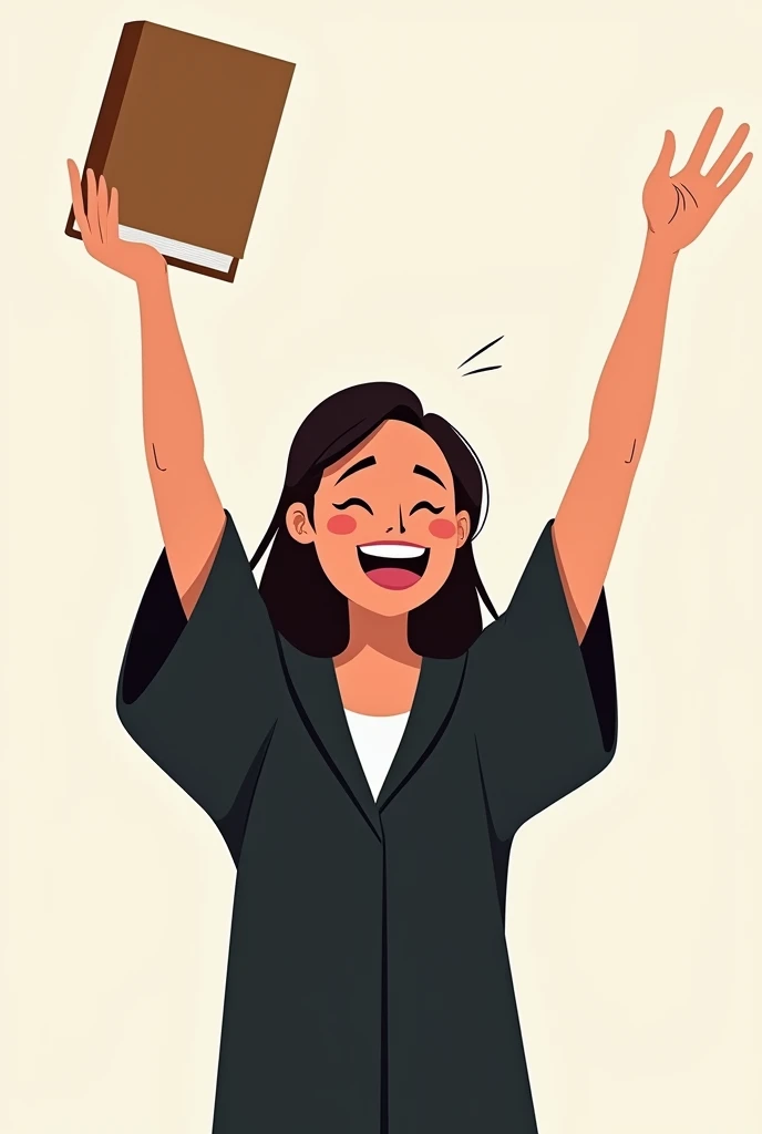 Cartoon of a woman cheering for a law book, wearing a black legal gown, minimalist style background.
