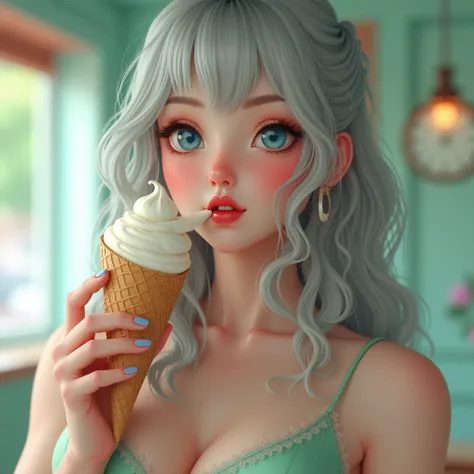 a close-up of a person holding an ice cream cone, sweet girl, woman with wavy silver hair, bangs, light blue eyes, red lips, tender green dress, gigantic breasts, huge muscles, thick thighs, 