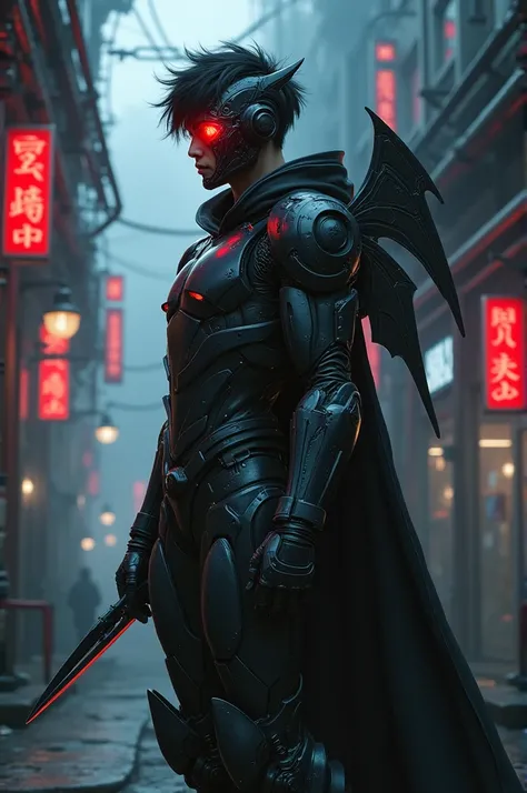 the appearance of a handsome Korean youth. A futuristic cyborg stands in a dimly lit alley, exuding a sense of power and mystery. The robot wore sleek armor. His right eye glowed with a piercing red light, while his left eye had a complicated mechanical ey...