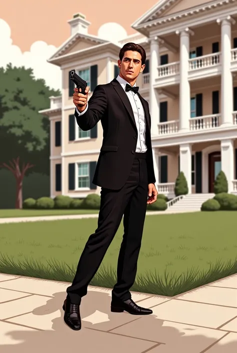 masterpiece, best quality, 1man, male focus, solo, solo focus, Hispanic, perfect hands, holding pistol with one hand, (Beretta 92:1.4), brown hair, hazel eyes, tuxedo, black tuxedo, danger atmosphere, mansion backdrop, combed back hair, white shirt, black ...