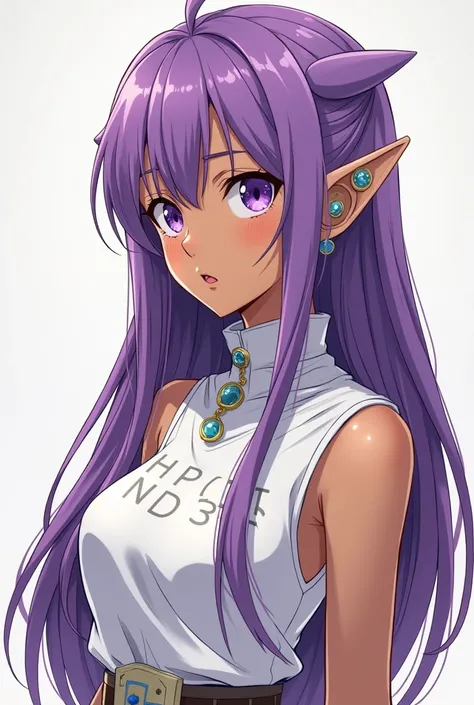 ((best quality)), ((masterpiece)), (detailed), perfect anime waifu girl face, her name is Lovelot, she has long straight purple hair, she wears a white tunic with a series of shapes printed on it that look like code, her skin is brown, her eyes are purple,...