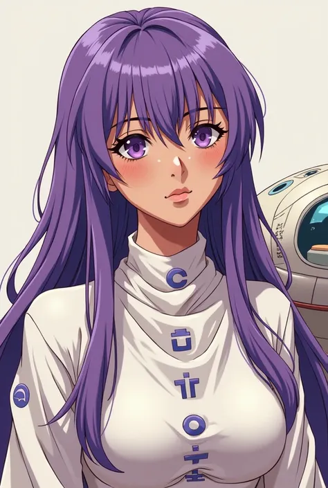 ((best quality)), ((masterpiece)), (detailed), perfect anime waifu girl face, her name is Lovelot, she has long straight purple hair, she wears a white tunic with a series of shapes printed on it that look like code, her skin is brown, her eyes are purple,...