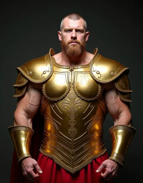 Handsome white man in golden armour, golden chestplate, 30 years old, bodybuilder, gold armour, red clothing under armour (front view:1.2), still pose, short beard, serious face, buzzcut, well-framed,  (Extremely muscular, hyper-defined male bodybuilder:1....