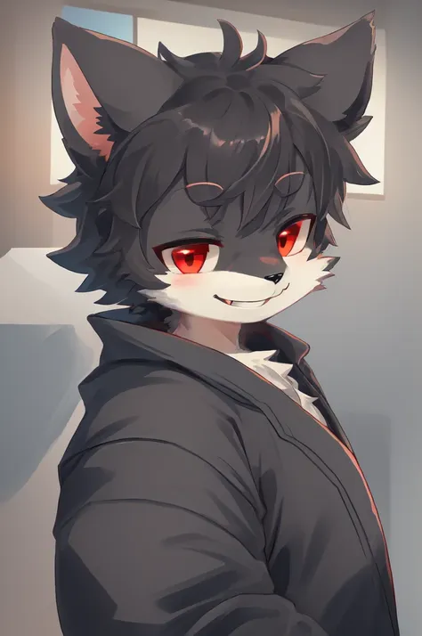 black fur boy cat with red eyes, smiling mischievously, with a night background