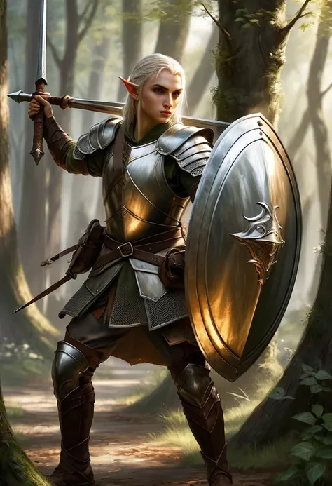 Medieval Fantasy, a soldier, around 2, class Slinger, professed in slinging and throwing weapons like javelins or throwaxes, protects itself with a shield, basic light armor, a human elf hybrid, rather boyish, 