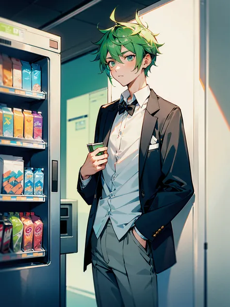 Standing by the vending machines near the school gym, a male student with green hair, headphones, a white dress shirt, grey blazer, and grey pants