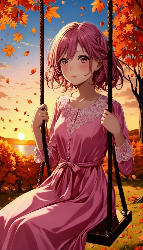 A girl in a colorful pink dress sits on a swing in the midnight sun，Wallpaper eyes，Feel the autumn wind and the falling leaves at sunset