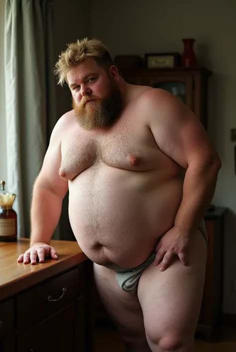 Chubby man with beard, blonde hair, blue eyes, no clothes, completely naked, big ass, leaning forward, NAKED, naked, masturbating, leaning back, showing butt, leaning on a table, squatting, naked