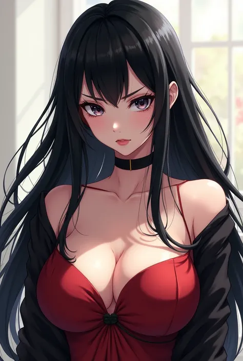 A woman with black hair and black eyes, fully showing her breasts, Anime Art