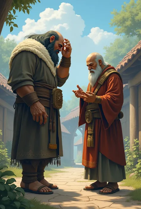 Scene: The ogre, scratching his head, starts to laugh and admits defeat. Lokman Hekim stands in the same calm and wise posture, while the ogre looks humbled, bowing slightly in respect. The background remains the serene village setting, reflecting the conc...