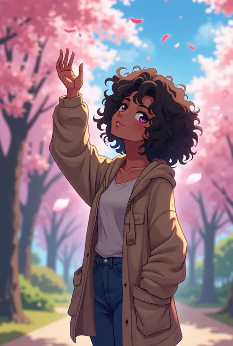 Anime like beautiful girl  with dark skin and curly hair in baggy clothes, a coat ,by a lovely park with Sakura trees. Reaching for a leaf on a tree. Side view. Emotional.