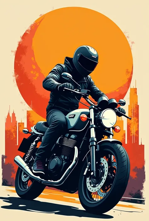 A high-contrast vector illustration of a motorbike rider. Text "Call me a bike rider because I love to be called bikeholic" bottom of the Bike Rider. The big Sun is in the background of bike rider. And cities side of the sun. The illustration is designed i...