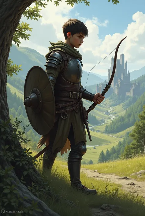 Medieval Fantasy, a soldier, around 2, class Slinger, professed in slinging and throwing weapons like javelins or throwaxes, protects itself with a shield, basic light padded armor, a human elf hybrid, rather boyish, 