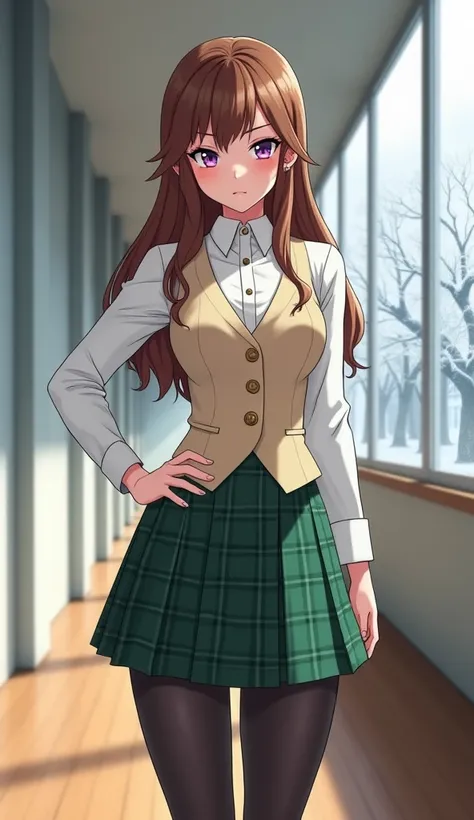 A 20-year-old anime-style Bing-style girl, From-E 3, High resolution, 8k image, stop, aisle, white school, wooden floor, tokyo city, Through the windows you can see the snow-covered treetops in the afternoon, mide 170 cm, Its measurements are B 70, At 35, ...